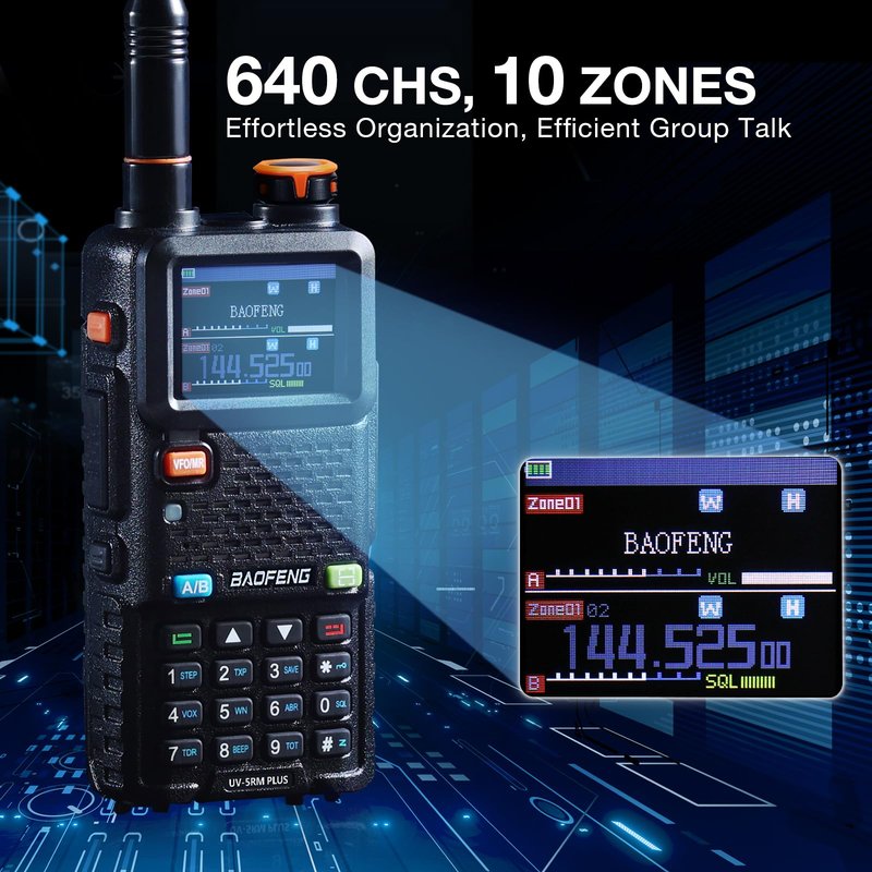 BAOFENG UV-5RM PLUS GPS Ham Radio Handheld, 10W Long Range Two Way Radio, Airband NOAA FM Multi-Band Receiver, 640CH 10 Zones, with 2500mAh Type-C Rechargeable Battery, Speaker Mic & Programming Cable