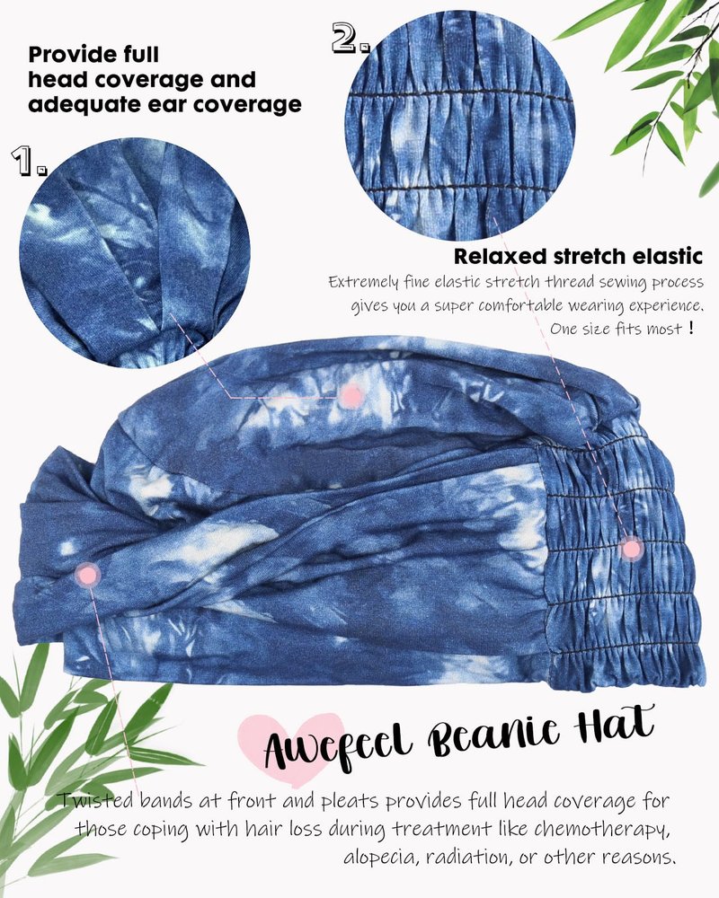 Awefeel Chemo Headwear for Women Cancer Hats Tie-dye Denim Blue