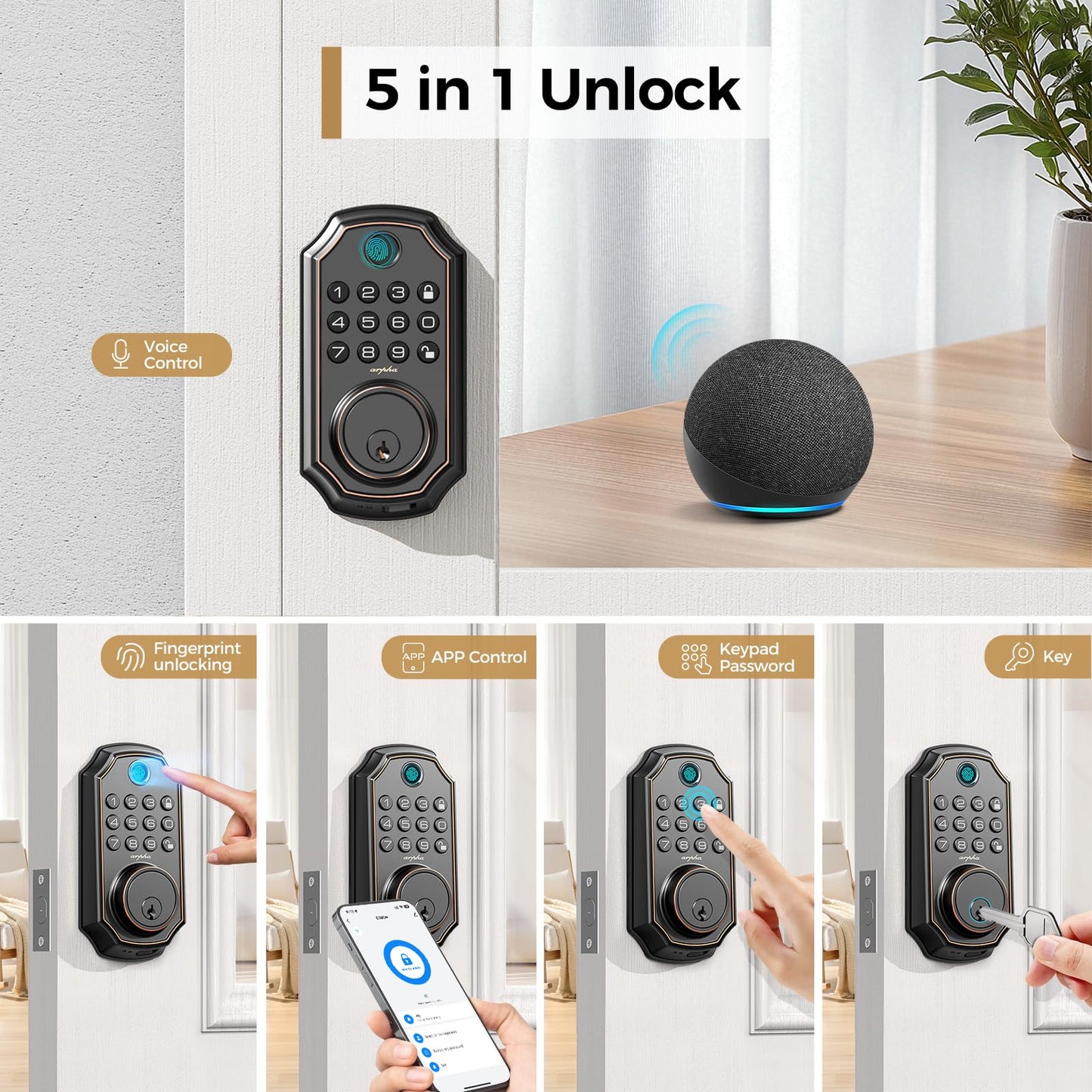 ARPHA Fingerprint Smart Door Lock - Keyless Entry Door Lock, Built-in WiFi Deadbolt with Keypad, APP Remote Control, Easy Installation (WiFi+Fingerprint+Password)