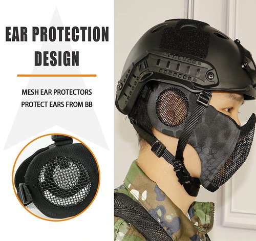 AOUTACC Airsoft Protective Gear Set, Half Face Mesh Mask with Ear Protection and Tactical Goggles for Kid Adult Men Women BBS Paintball Shooting CS Survival Games Cosplay (Black)