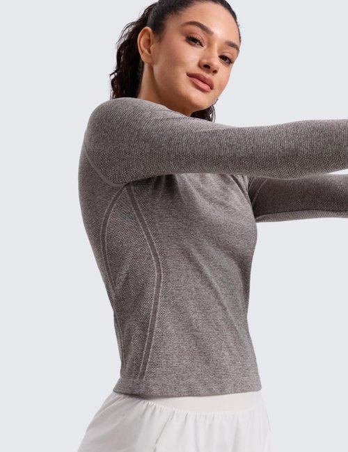 CRZ YOGA Seamless Long Sleeve Shirts for Women Waist Length - Workout Athletic Running Gym Yoga Tops Crewneck Breathable Hot Fudge Brown Heather Medium