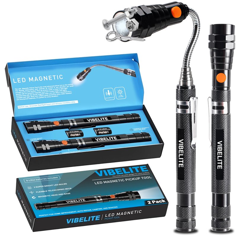 VIBELITE Extendable Magnetic Flashlight with Telescoping Magnet Pickup Tool-Cool Gadget Gifts for Men, Him, Teen Boys, Dad, Father, Mechanic, Boyfriend, Women, Birthday Gifts for Men, Black, 2 Pack