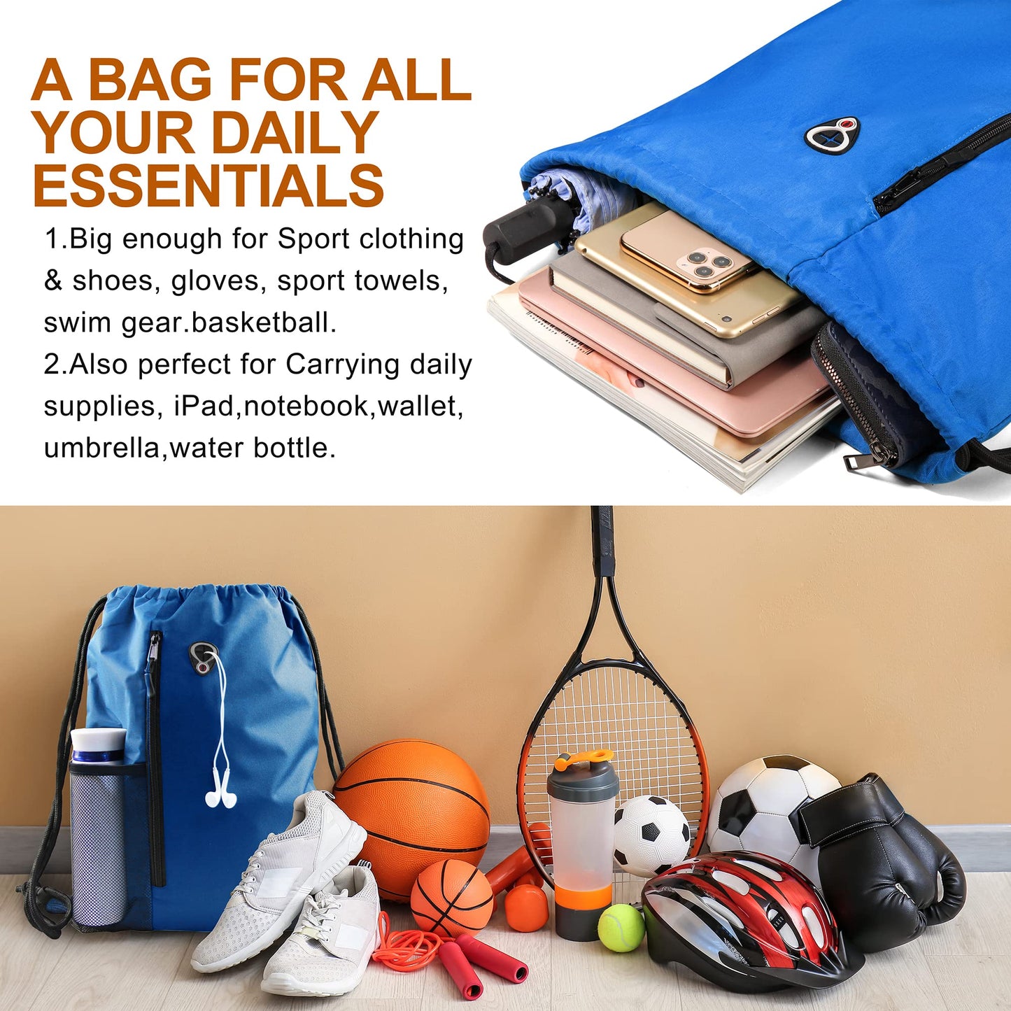 BeeGreen Royalblue Draw Strap Backpack For Men With Water Bottle Pocket &Front Zippered Pocket Large String Bags For Traveling Yoga Beach Outdoor Gym