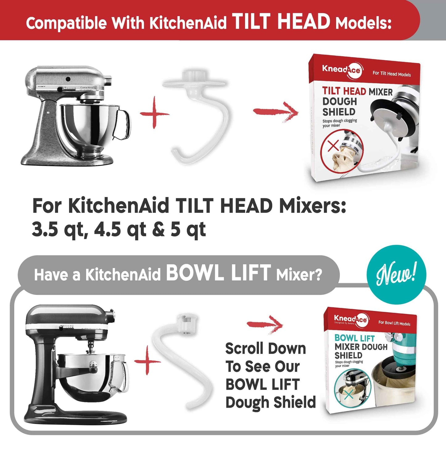 KneadAce Dough Hook Shield For Kitchen Aid - Prevents Your Dough from Climbing Up and Clogging Up Your Mixer – Mess Free Mixer Accessory Compatible With Most KitchenAid C Shape Dough Hooks (Red)