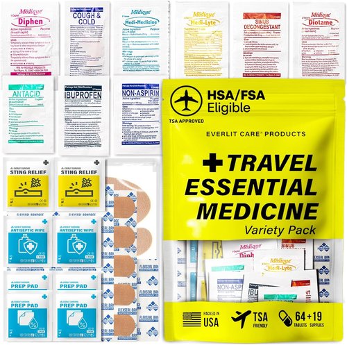 Everlit Care Travel Essential First Aid Kit - TSA Compliant Mini Medkit with Bonus Medical Supplies | 64 Tablets Individually Packed