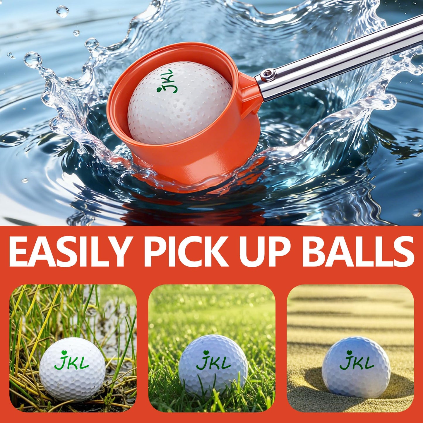 JKL 9Ft/12Ft Golf Ball Retriever for Water Telescopic, Stainless Steel Shaft, High Durability Double-Sided Ball Picker Upper Grabber, Golf Gifts for Golfers