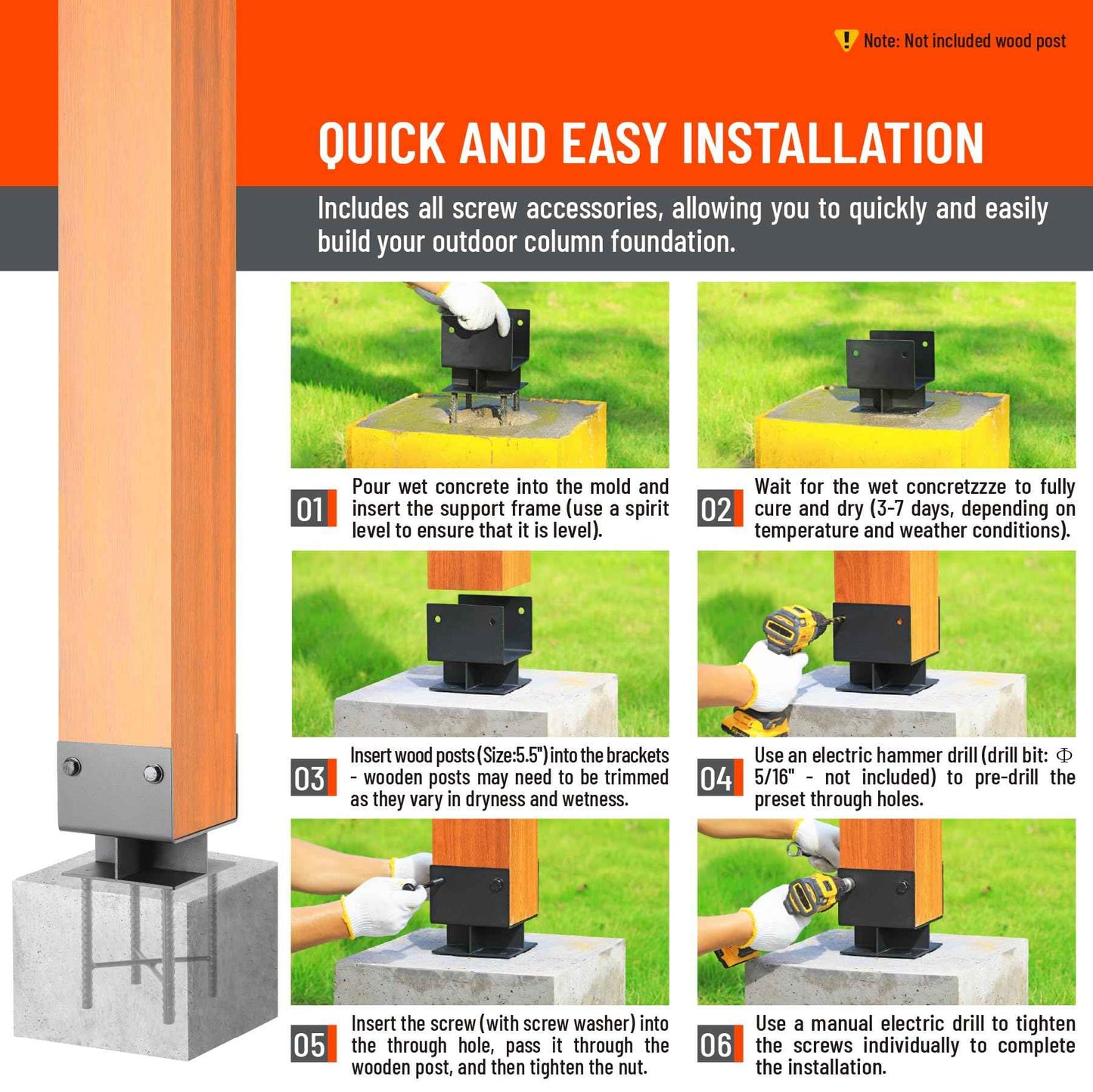 Uphode 1Pack 8"x8"(Actual 7.5"x7.5") Wooden Post Base for Concrete, U-Shape Fence Post Holder Bracket Bracket Black, Wet Set Concrete Post Anchor Stainless Steel