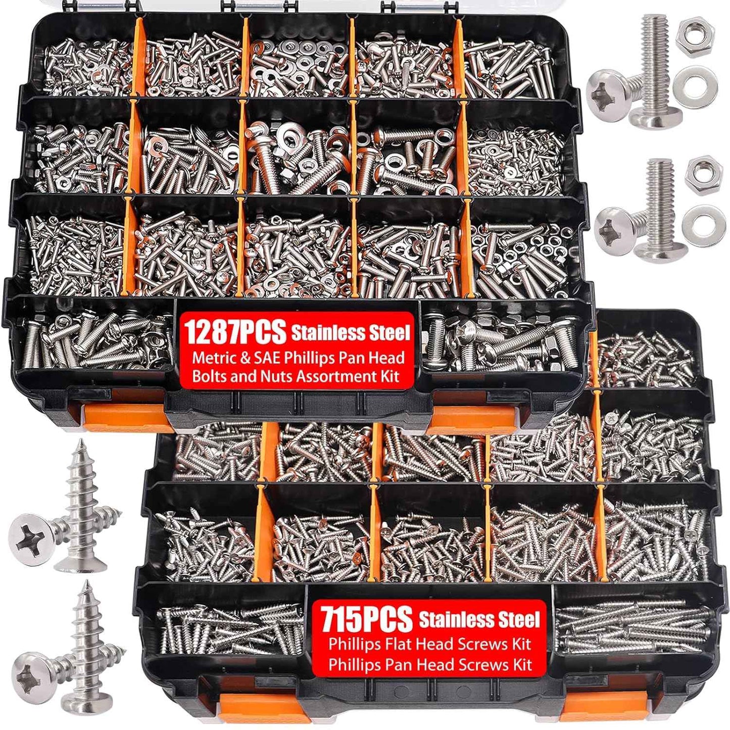 2002PCS Stainless Steel Hardware Assortment Kit - Metric & SAE Screws, Nuts, Bolts & Washers with Organizer Box