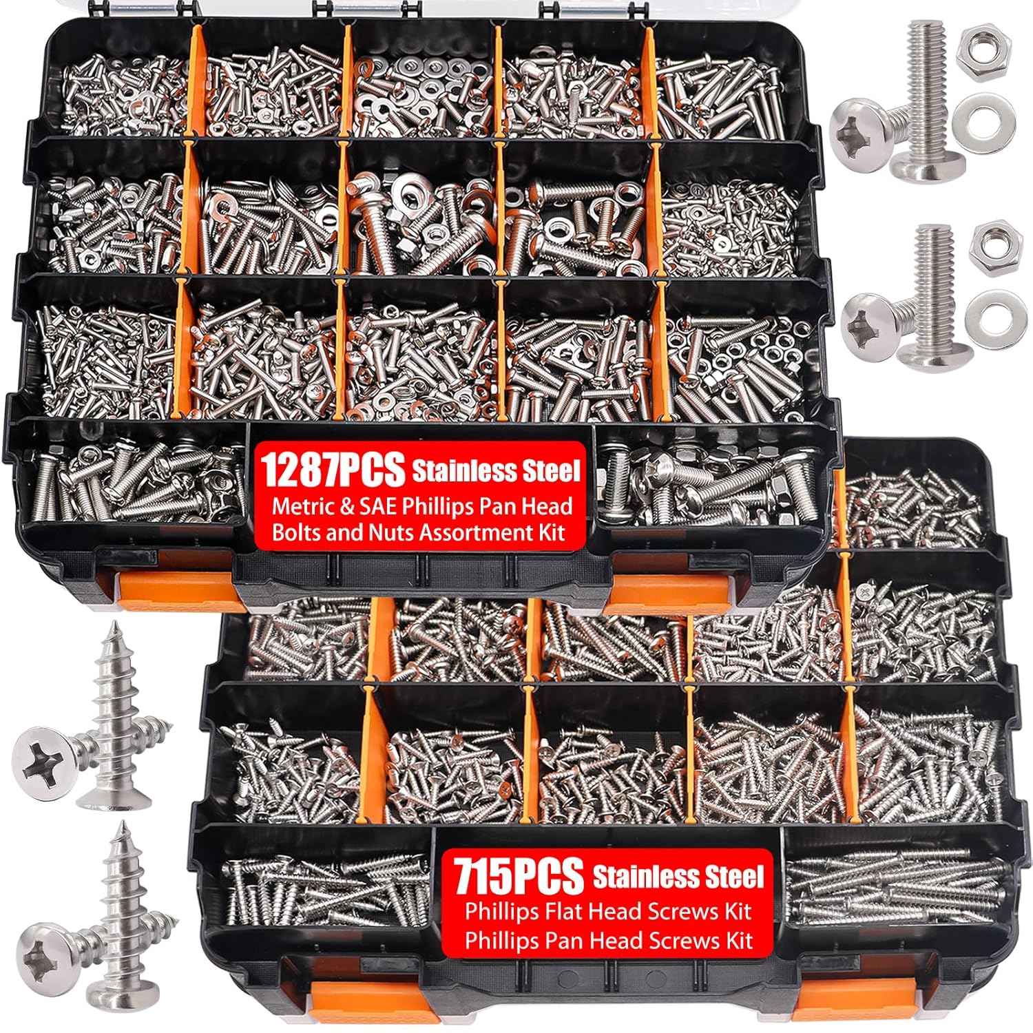 2002PCS Stainless Steel Hardware Assortment Kit - Metric & SAE Screws, Nuts, Bolts & Washers with Organizer Box