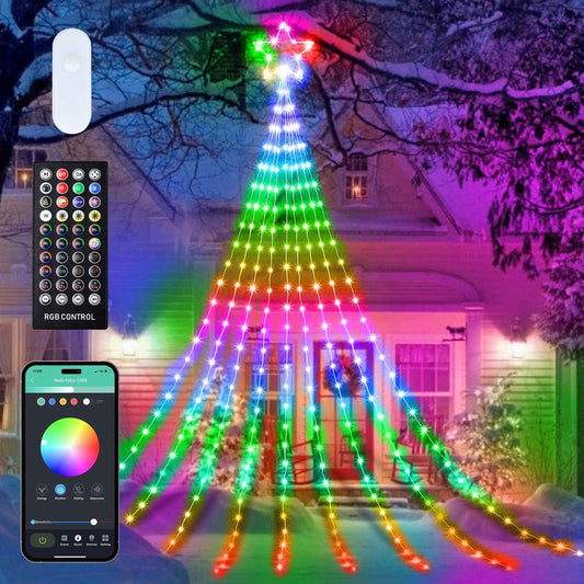 Outdoor Christmas Star String Lights, 16.4Feet 317LED Smart RGB Waterfall Tree String Light with APP Remote Control, DIY Timer Music Sync Shooting Star Lights for Indoor Outdoor Garden Decoration