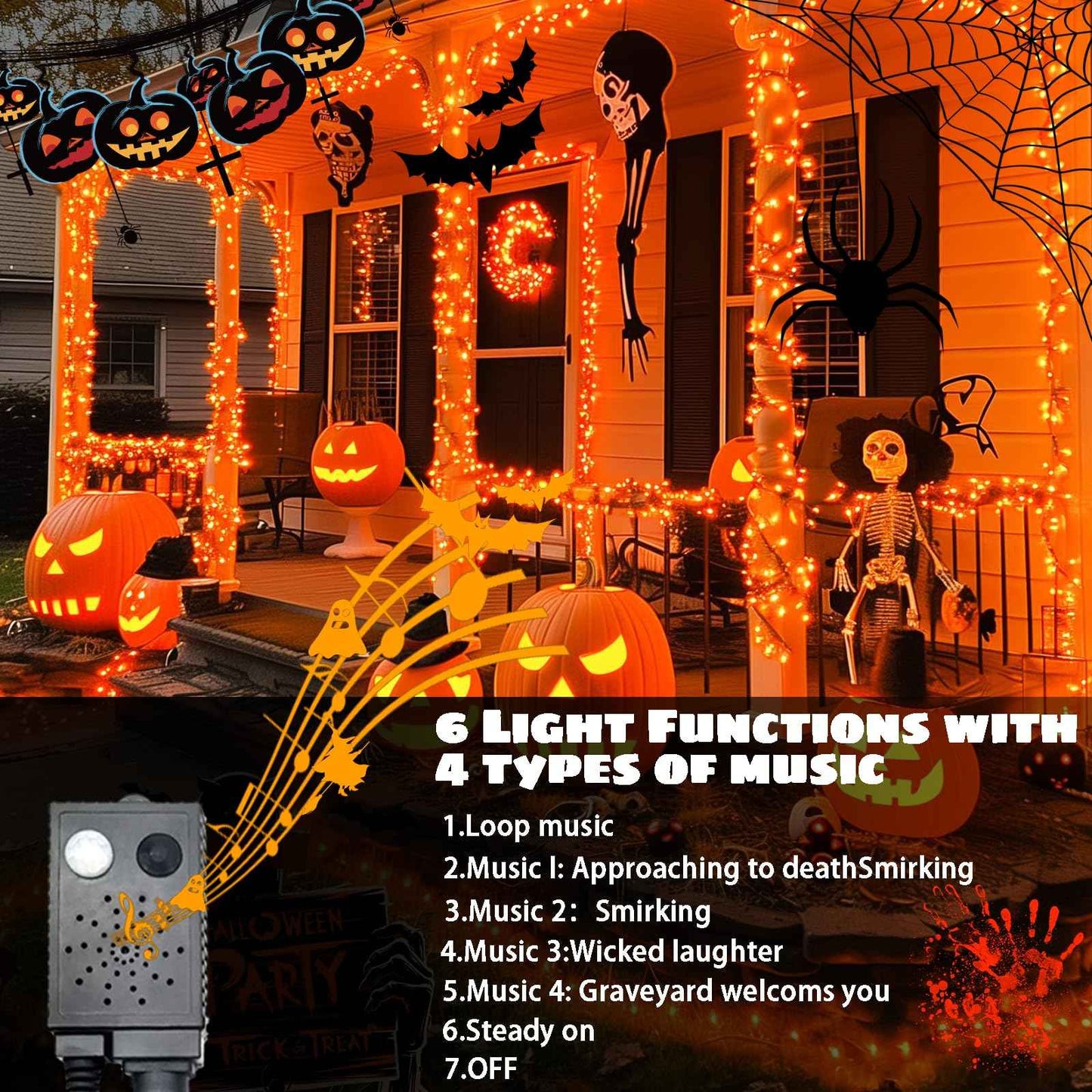 DOTWAYAW 400 LEDs Halloween LED String Lights with Spooky Music and Motion Sensor - Outdoor Waterproof Orange Lights with Sounds for Halloween Thanksgiving and Christmas Decoration