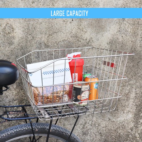 MATTISAM Large Stainless Steel Bike Basket Rear, Tool-Free Install, Bicycle Back Pet Dog Carrier, Silver, 17in(L) x13in(W) x9.8in(H), with Waterproof Cover, Cargo Net