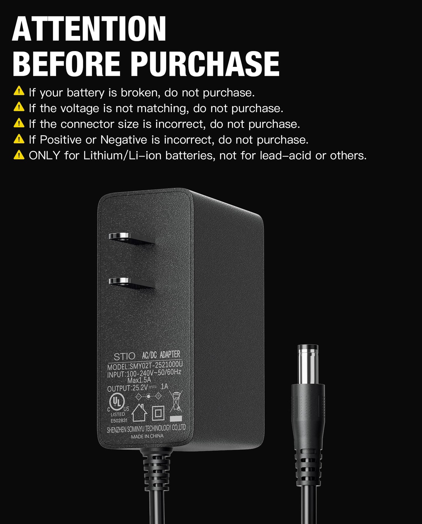 stio 25.2V AC/DC Adapter Compatible with Ninebot by Segway Zing E8 E10 E12 C8 C9 C10 C20 C2 Pro E2 Plus 21.6V Lithium Battery Power Supply Charger UL Certified