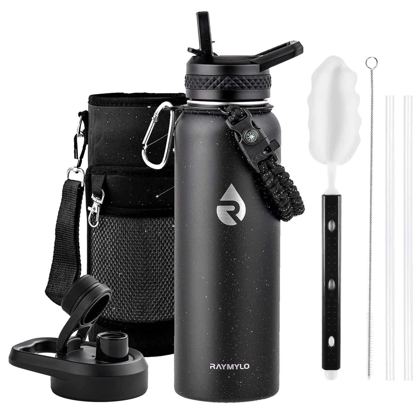 RAYMYLO Insulated Water Bottle 40 oz, Triple Wall Vacuum Stainless Steel (Cold for 36Hrs, Hot for 18Hrs), Leak Proof & Non-BPA, Modern Water Flask Jug with Paracord Handle & Straw Spout Lids