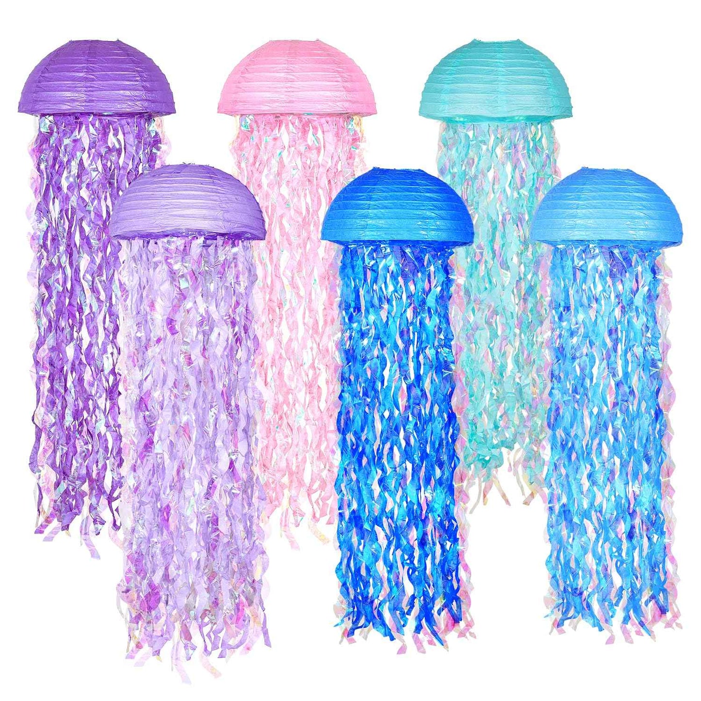 OBXT 10" Mermaid Jellyfish Lanterns – Pink Purple Blue Decorations for Mermaid Birthday Party, Under The Sea Theme, Baby Shower, Ocean & Beach Room Hanging Decor (Set of 6)