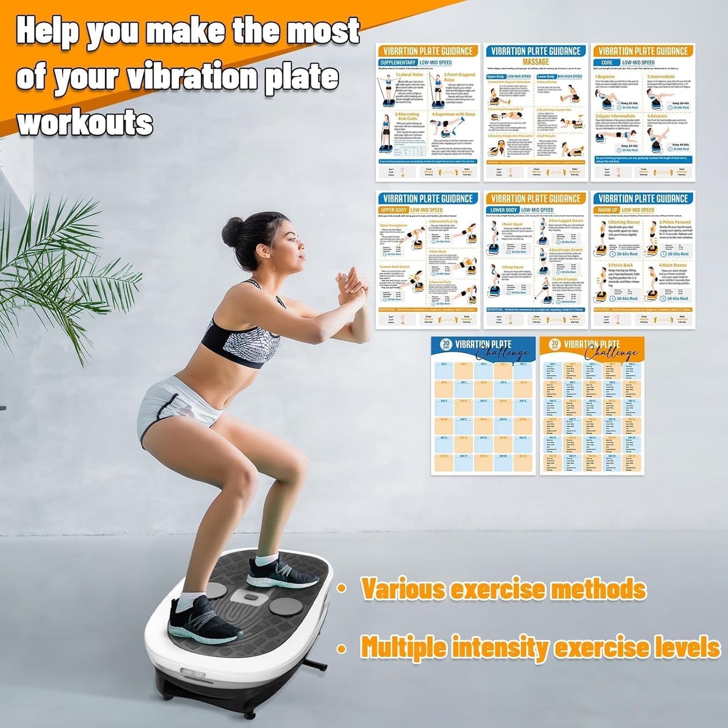 Skiennix Vibration Plate Workout Guide - 8-Piece Exercise Poster Set with 30-Day Planner for Home Gym