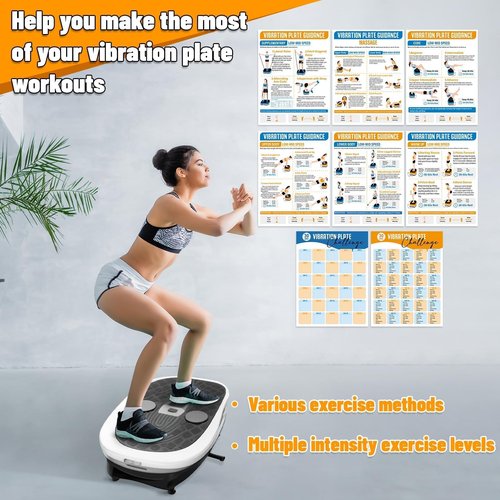 8 Pcs Vibration Plate Exercise Machine Poster Workout Guide 6 Vibration Platform Workout Guidance & 2 Pcs 30-Day Planner Whole Body Vibration Board Chart for Home Gym