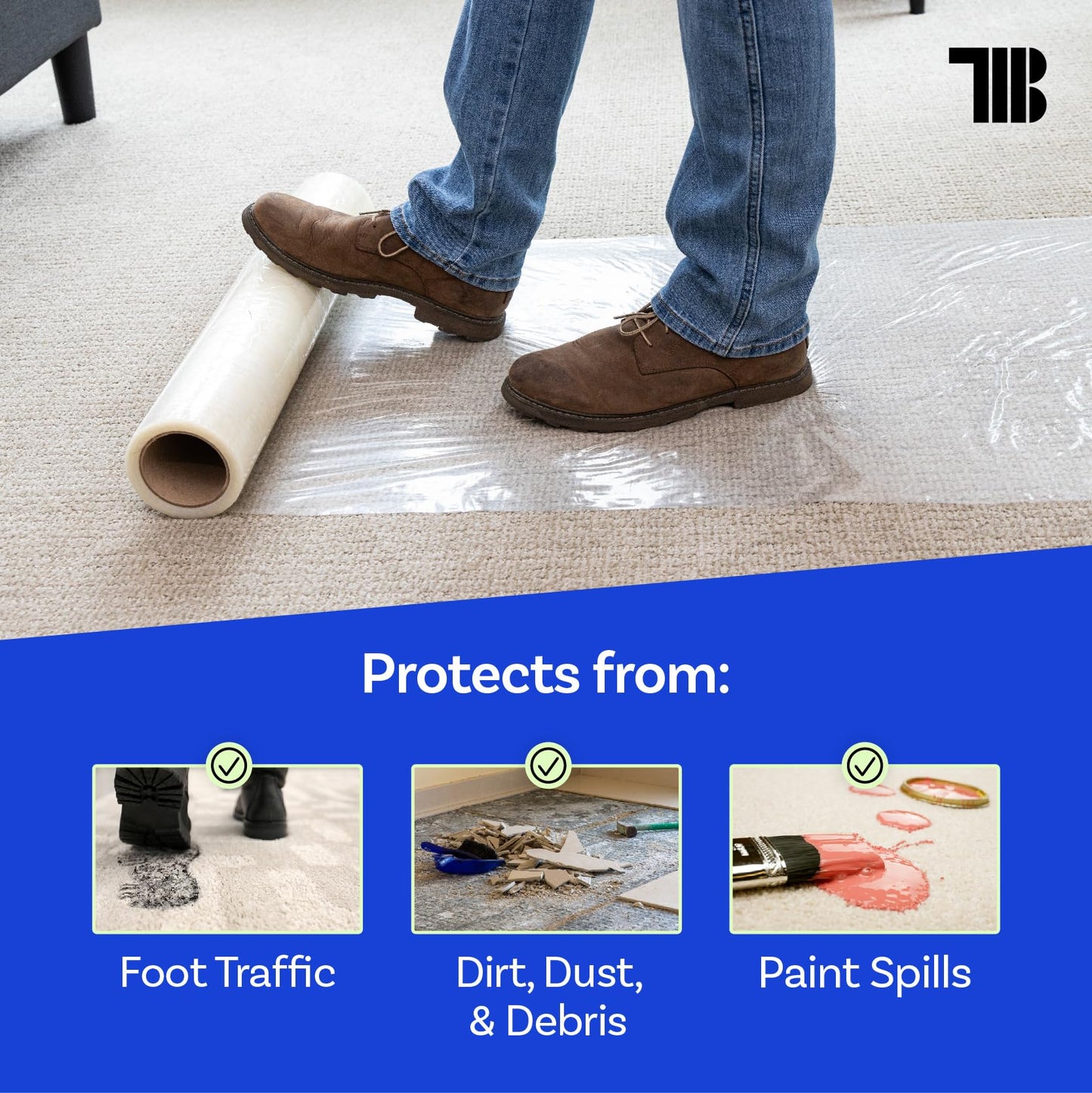 TapeManBlue Carpet Protection Film, 24 inch x 500 feet, Made in The USA, Strong and Durable Plastic Carpet Protector with Easy Unwind and Clean Removal, Clear Self-Adhesive Surface Protective Film