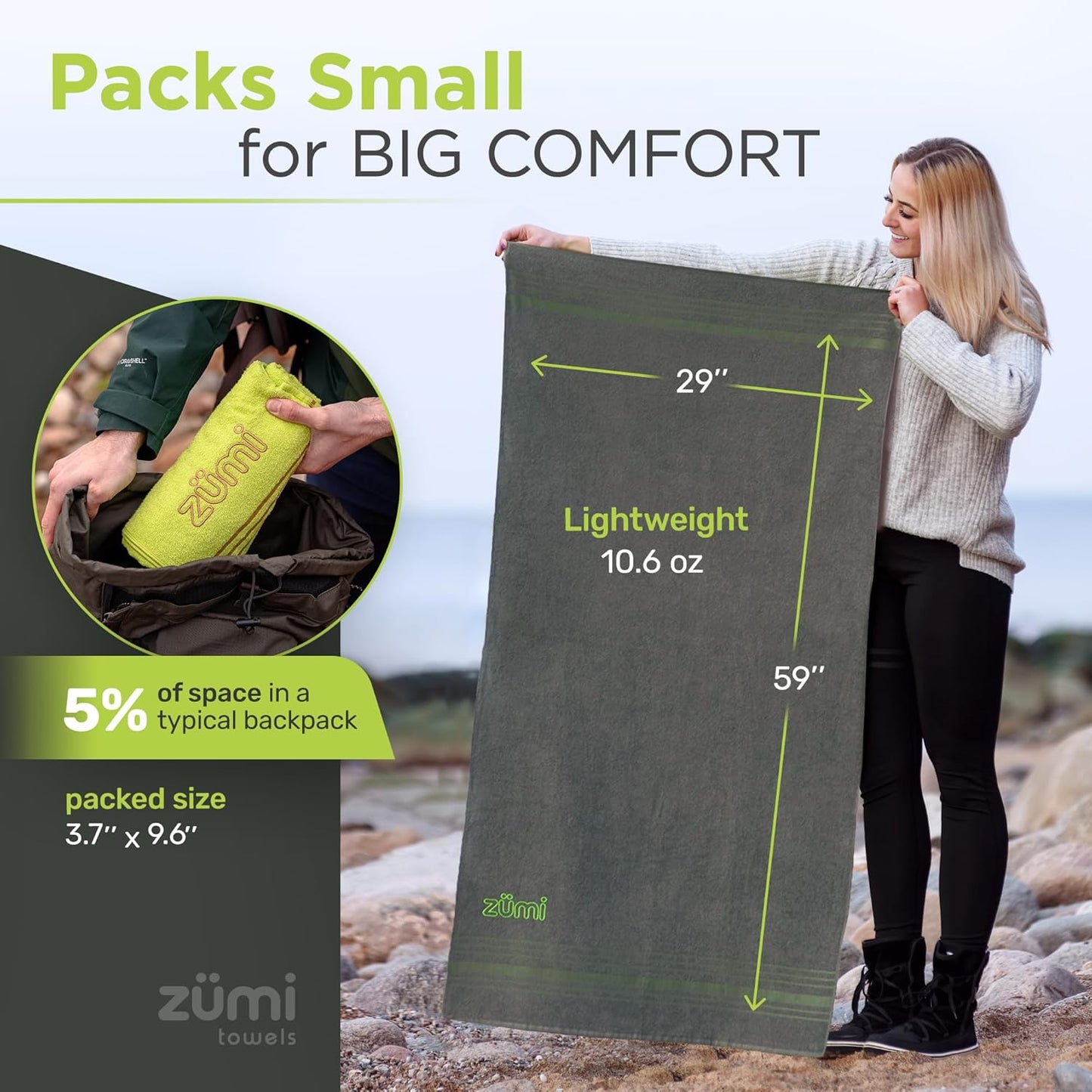 Zumi 100% Cotton Quick-Dry Travel Towel - Soft, Compact & Highly Absorbent | Lightweight Gray Towel for Beach, Gym & Bath