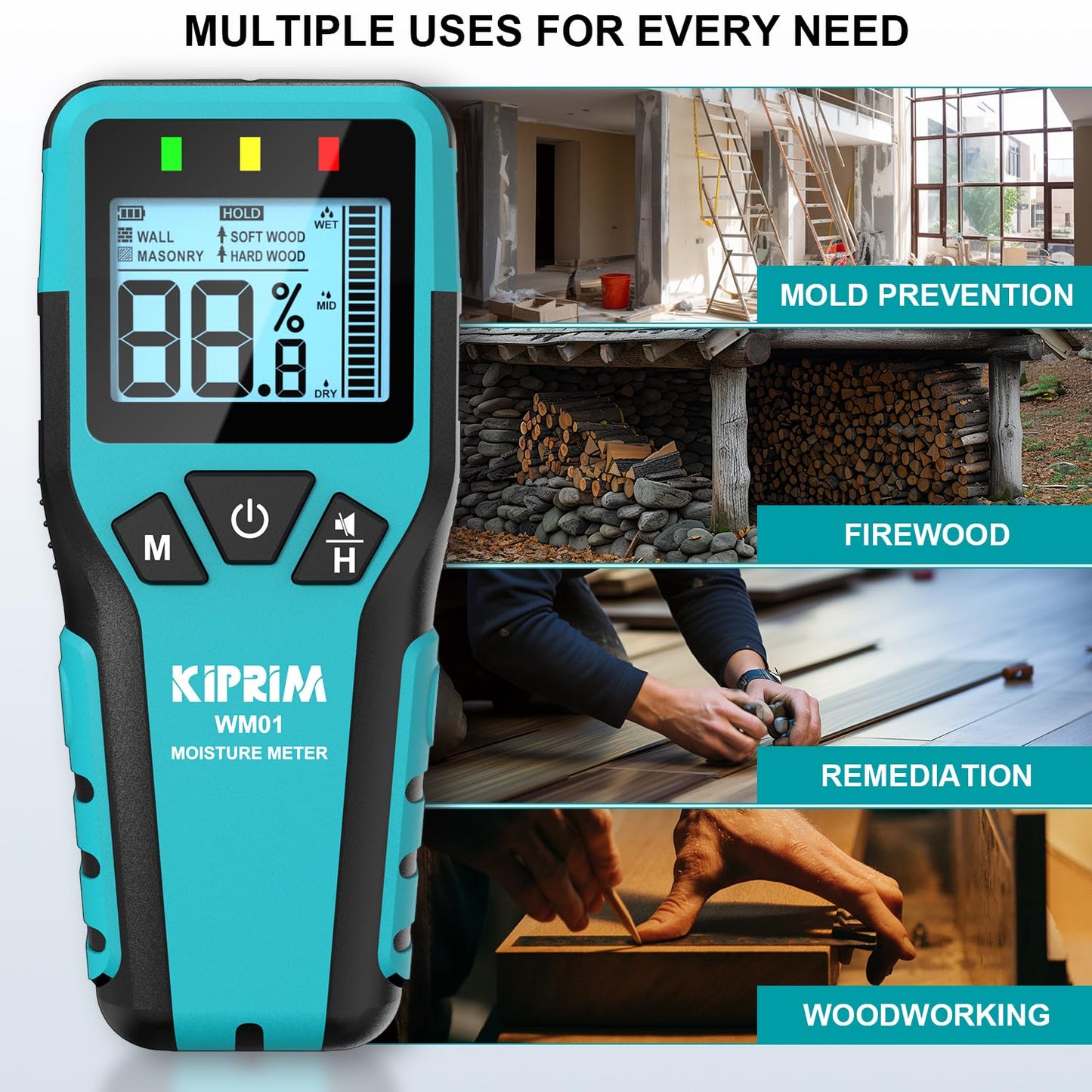 Kiprim Pinless Moisture Meter Home Moisture Level Tester Damp Meter for Floor,Wood, Walls, Concrete – Accurate Non-Destructive Testing Moisture Meter WM01