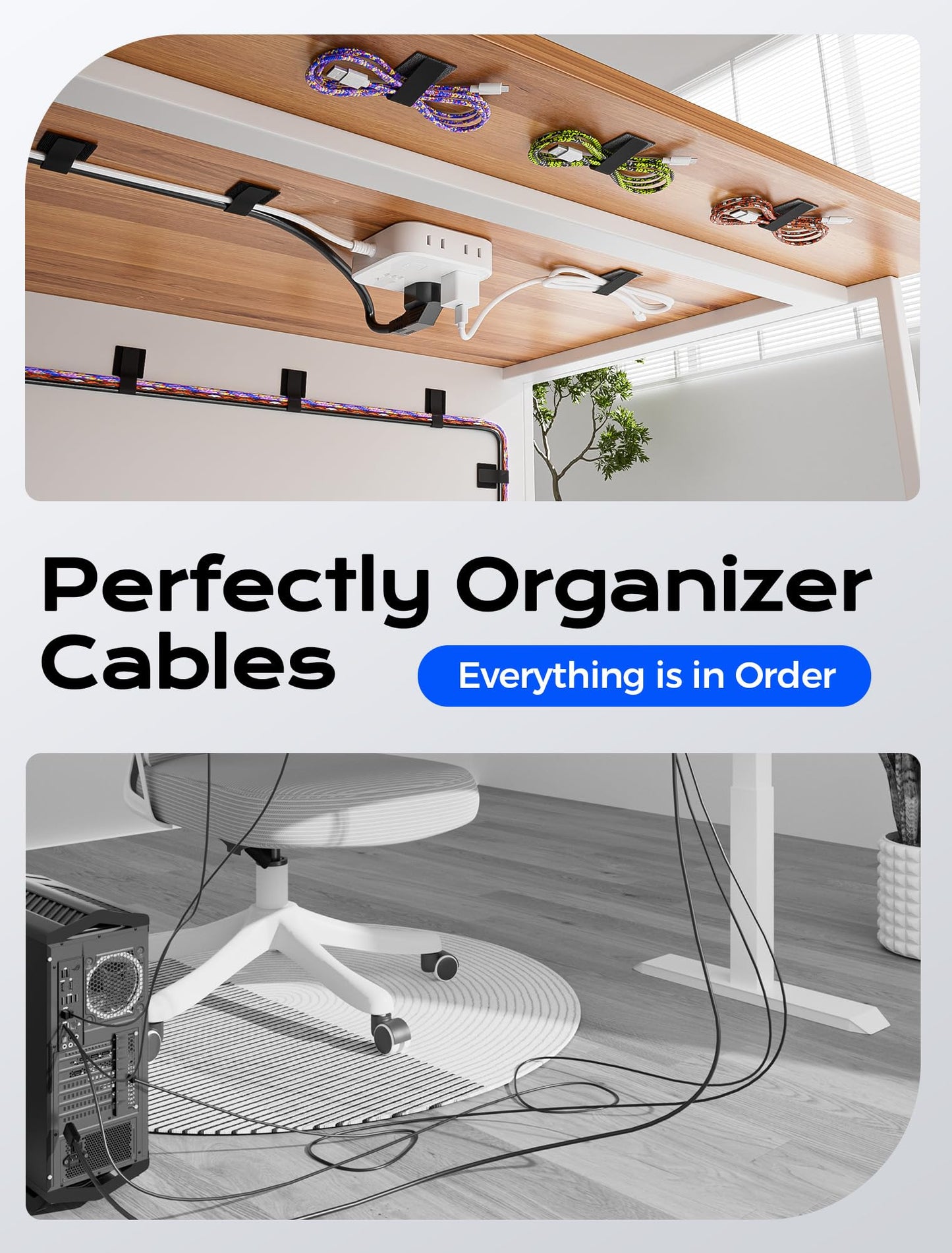 100pcs Hook and Loop Cable Ties, gliship Adhesive Wire Management, Adjustable Cable Straps Cord Wrappers Keeper Cord Holder, Sticky-back Cord Organizer for Kitchen Appliances at Office, Home - Black