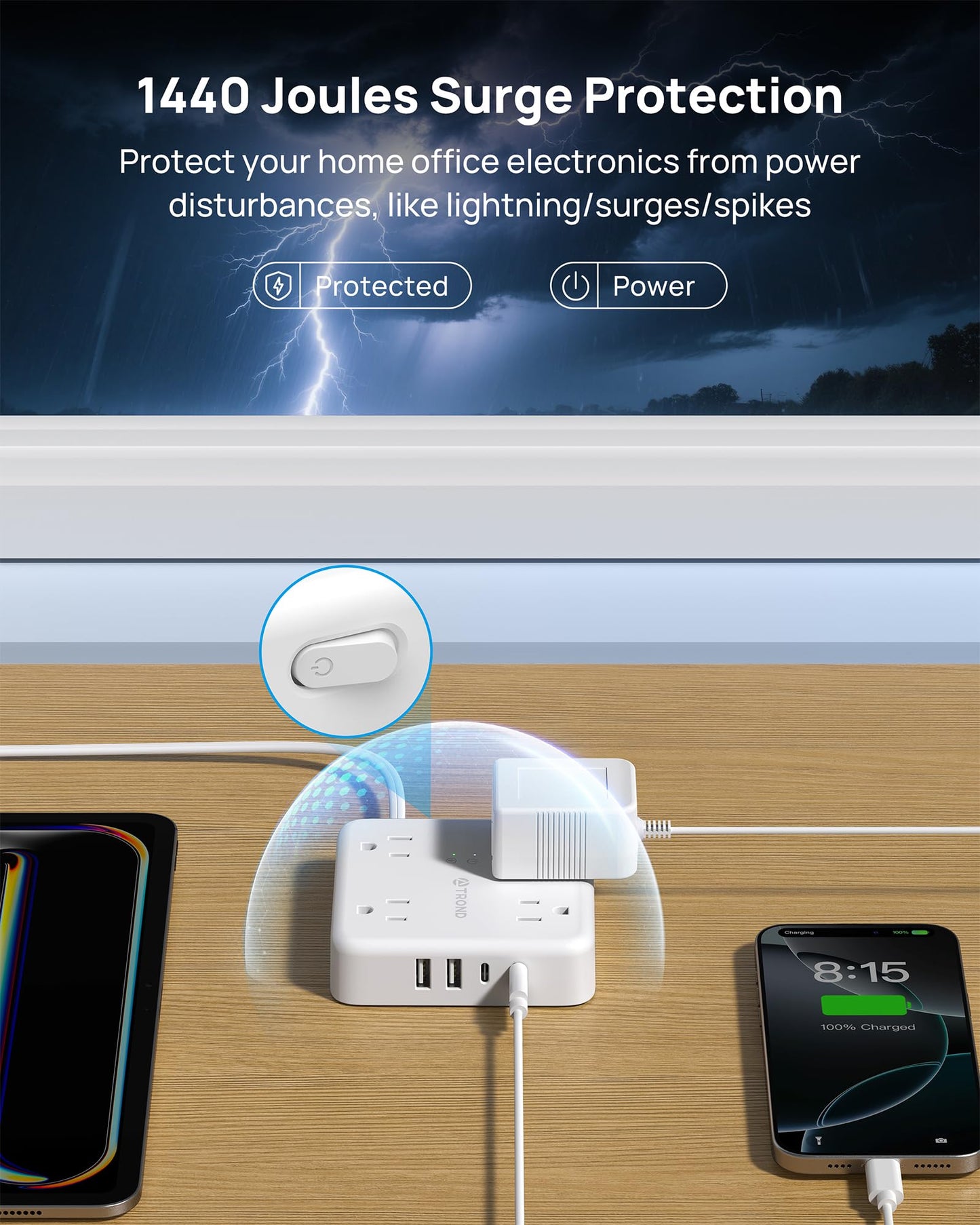 TROND 2 Prong Power Strip - 2 Prong to 3 Prong Outlet Adapter, Polarized Flat Plug, 4 AC & 4 USB, 5ft Extension Cord, Wall Mountable Surge Protector Outlet for Non-Ground Socket in Old House, White