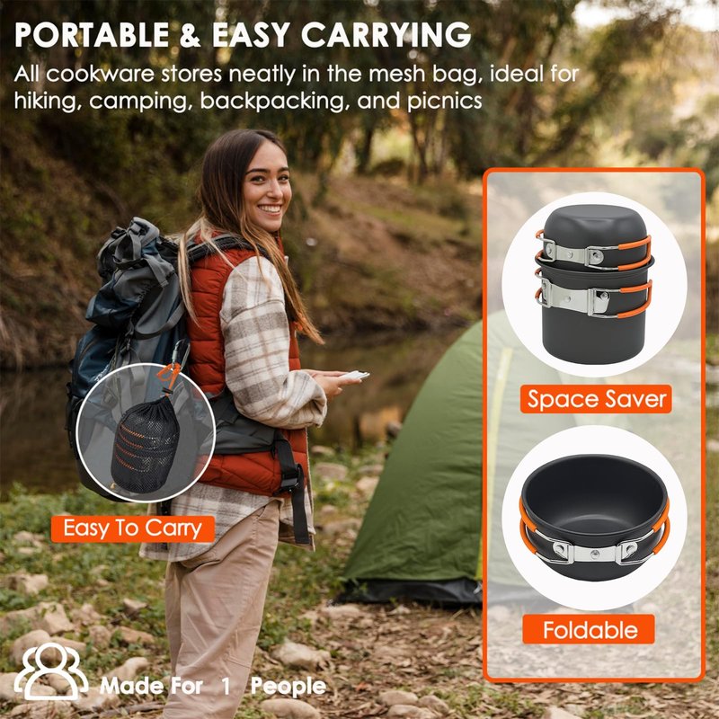 JUSFANE 10Pcs Camping Cookware Mess Kit - 1.2L & 0.6L Camping Pots with Stove, Forks Knives Spoons, Sierra Cup, Canister Stand and 16Oz Stainless Steel Cup for Backpacking, Hiking, Outdoor Cooking