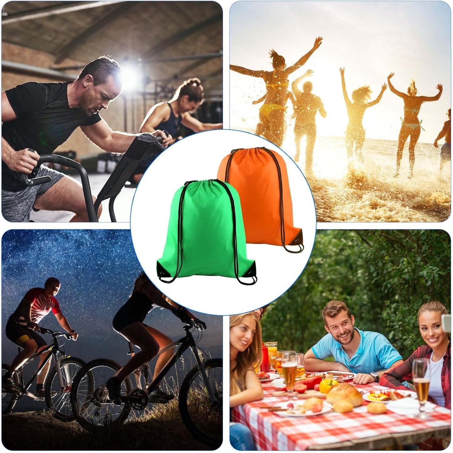PLULON Drawstring Backpack Set - 2Pcs Cinch Sack in Green & Orange for Gym, Yoga, & Travel