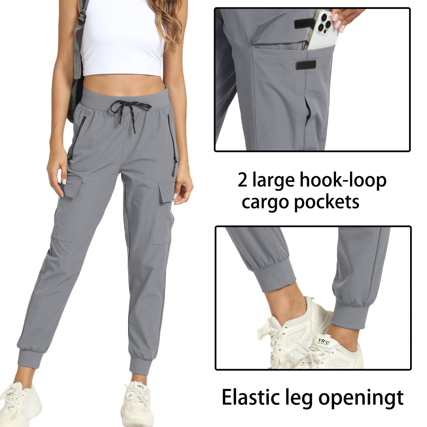 Rrosseyz Womens Cargo Pants with Pockets-Lightweight Quick Dry Water Resistant Hiking Pants for Travel Casual Athletic and Outdoor(Light Grey,M)