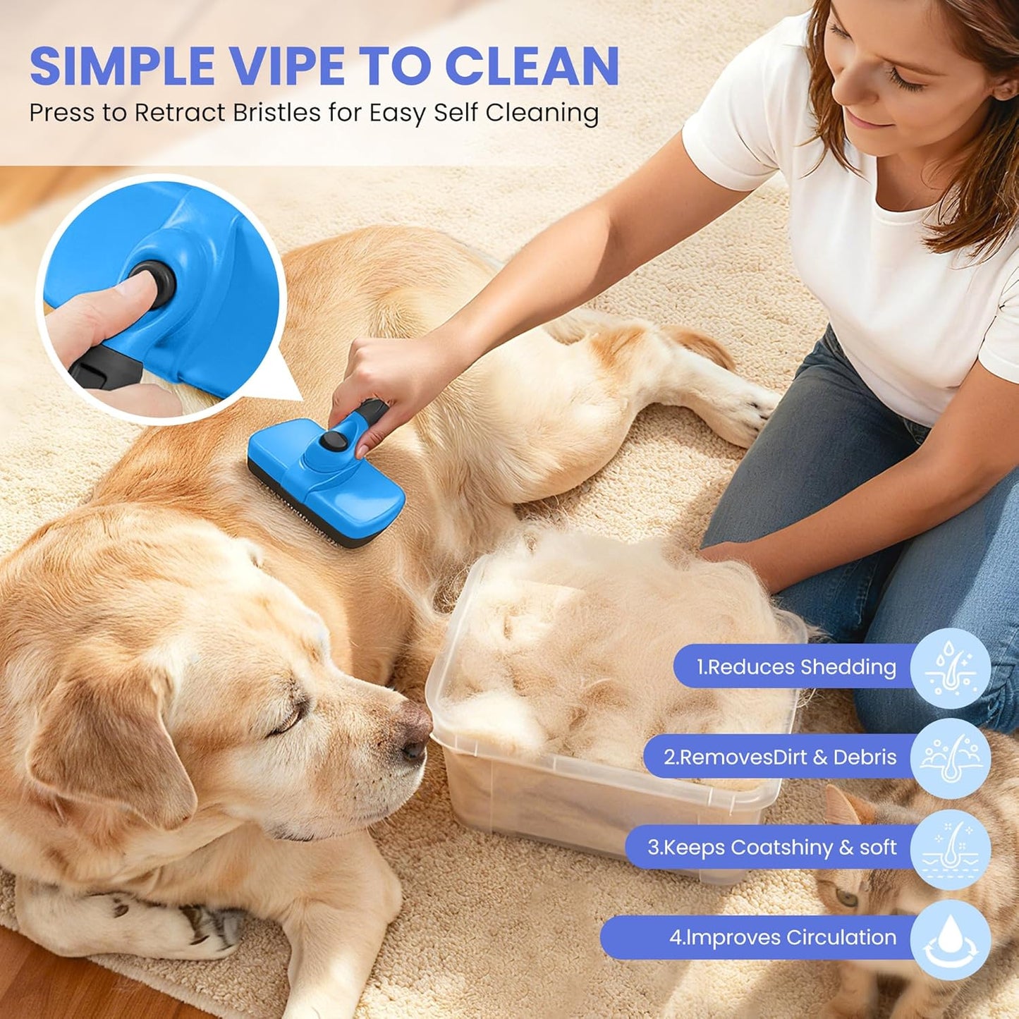 Skiennix Self-Cleaning Shedding Brush - 5-in-1 Professional Grooming Kit for Dogs & Cats | Skin-Friendly, Blue
