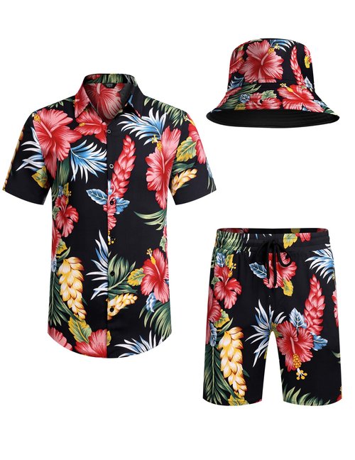 COOFANDY Men's Hawaiian Short Sleeve Sets Beach Outfits Rave 2 Piece Shirt Suits with Hats