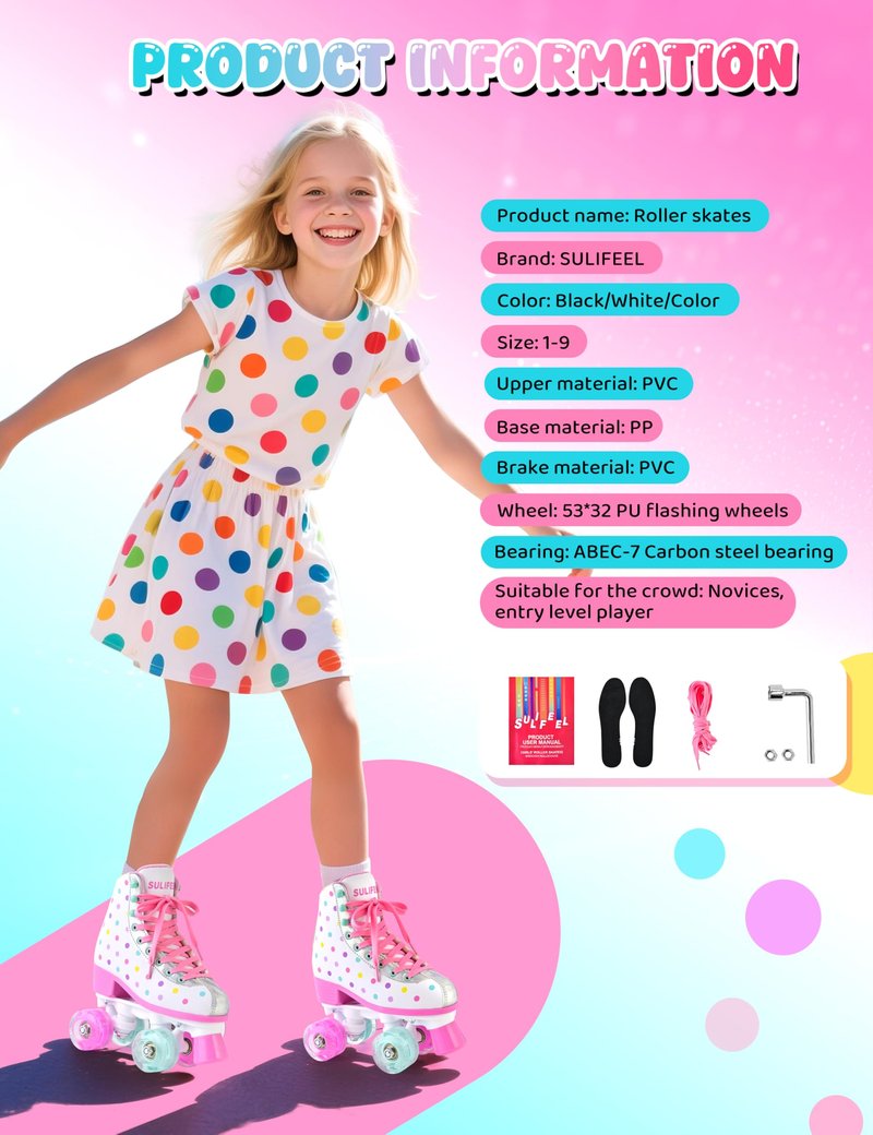 SULIFEEL Roller Skates for Girls and Women with Light up Wheels and Polka Dot Pattern, Kids and Adult Roller Sktes for Outdoor and Indoor Use