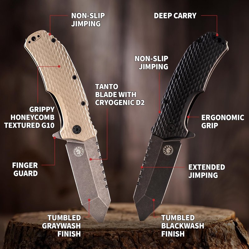 Off-Grid Knives - Rapid Fire Viper, Assisted Tanto Blade, Hard Use Build, Tactical, Camping & Survival EDC, Cryo D2 Steel, Blackwash, G10 Scales, Deep Pocket Carry (Blackout)