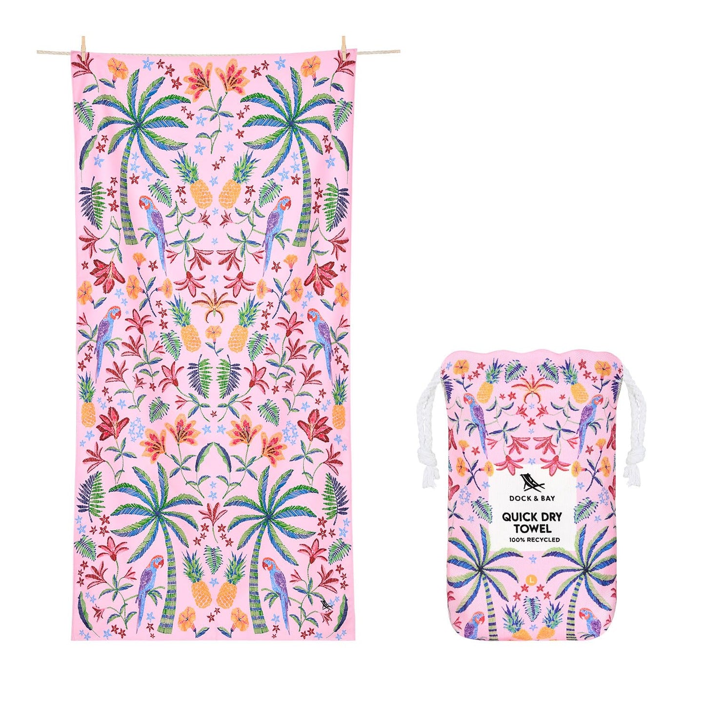Dock & Bay Beach Towel - Quick Dry, Sand Free - Compact, Lightweight - 100% Recycled - Includes Bag - Pink Paradise - Large (160x90cm, 63x35)