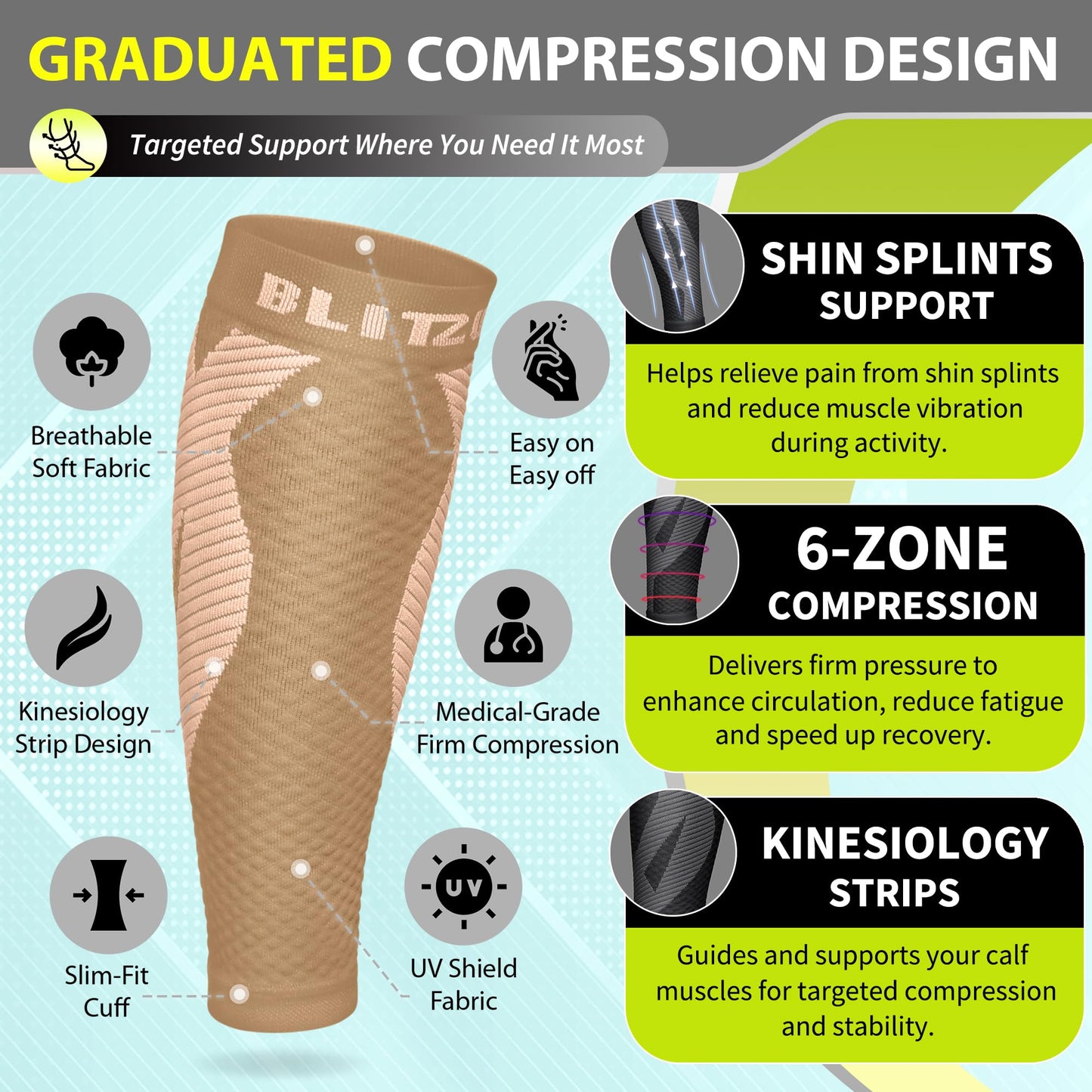 BLITZU Calf Compression Sleeve for Women and Men, Shin Splint Sleeves for Varicose Veins, Nursing, Pregnancy, Running, Footless Compression Socks Support for Calf Muscle Pain Relief Nude XXL