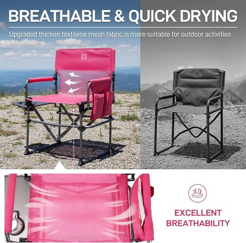 Ever Advanced Camping Directors' Chair - Portable Folding Design with Side Table & Pocket | Heavy Duty, Quick Dry, Pink, 400lbs Capacity