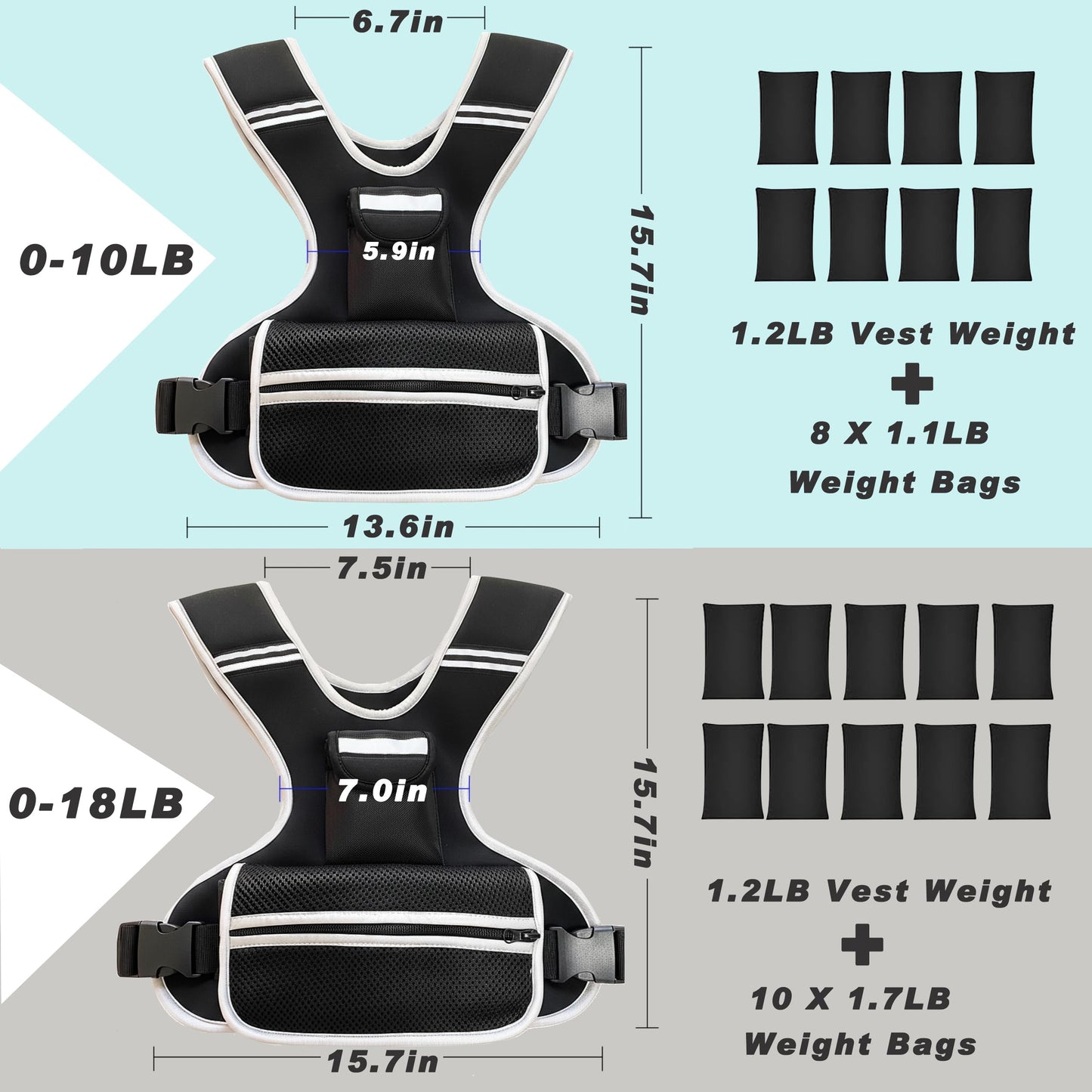 ROURANB Adjustable Weighted Vest Women men for walking, Workouts, Running, Strength Training, 0-10lb/0-18lb Washable Weight Vest with Reflective Stripe, Storage Pocket and Thickened Shoulder Pads (0-18LB)