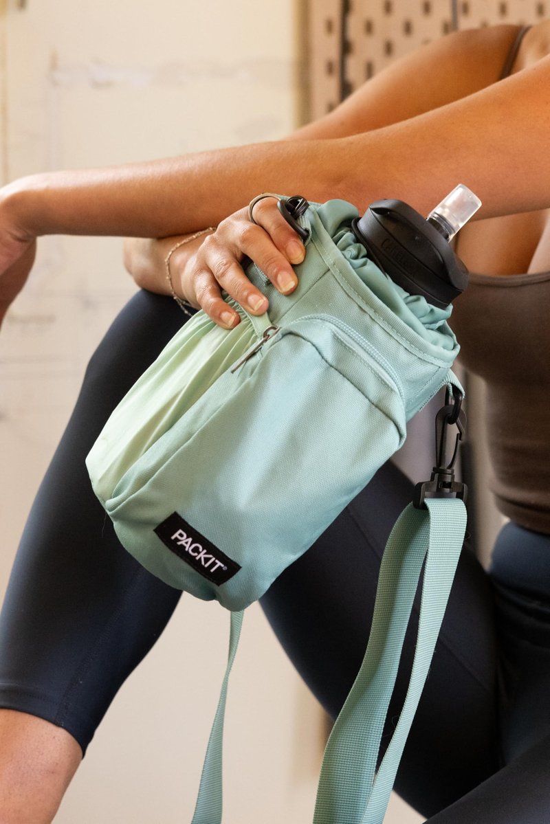 PackIt Freezable Hydration Crossbody Water Bottle Carrier with Strap, Fits 32,40 oz and 64 oz - Triple Function Design, Removable Freezable Insert, Adjustable Crossbody Strap, Front Zip Pocket - Sage