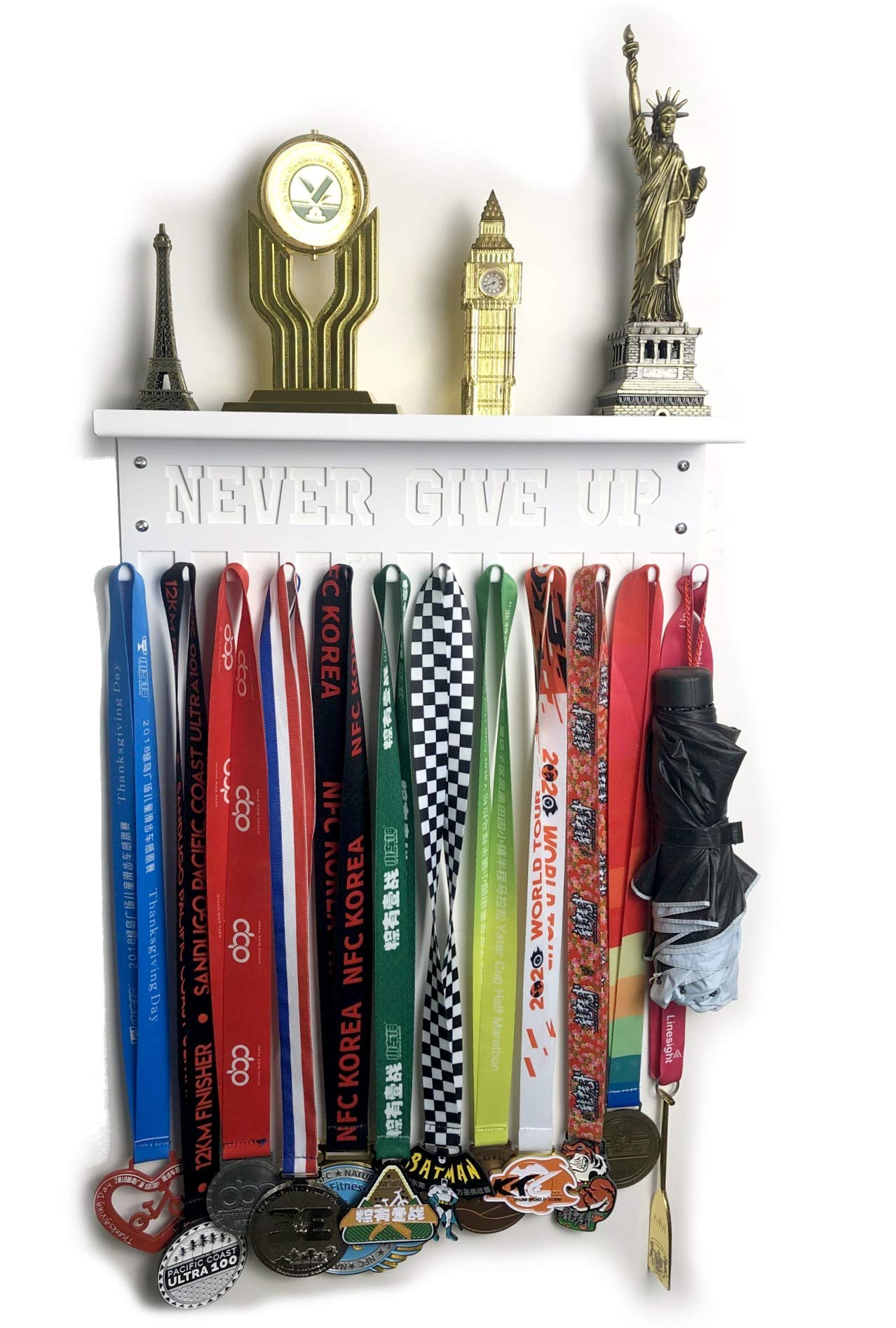 URBN BY MODERN HOME FINISHINGS Never Give Up Sports Awards Medal Hanger Display, 3" Trophy Shelf Medal Holder with Hooks, Easy Install Wall Shelf and Ribbon Holder White Wall Shelf