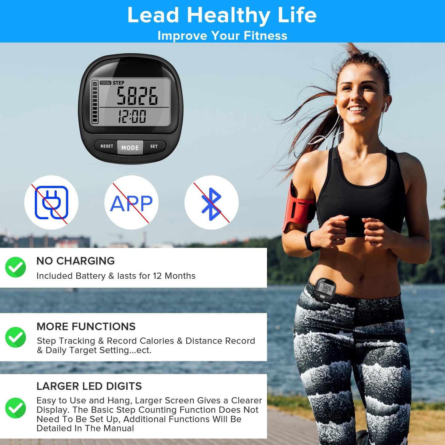 DonDofla 3D Pedometer Step Counter for Walking and Miles, Simple Step Tracker with Large Digital Display and Clip Lanyard, Steps Track Accurately Steps Monitor Watch for Women Men Adults Seniors Dog