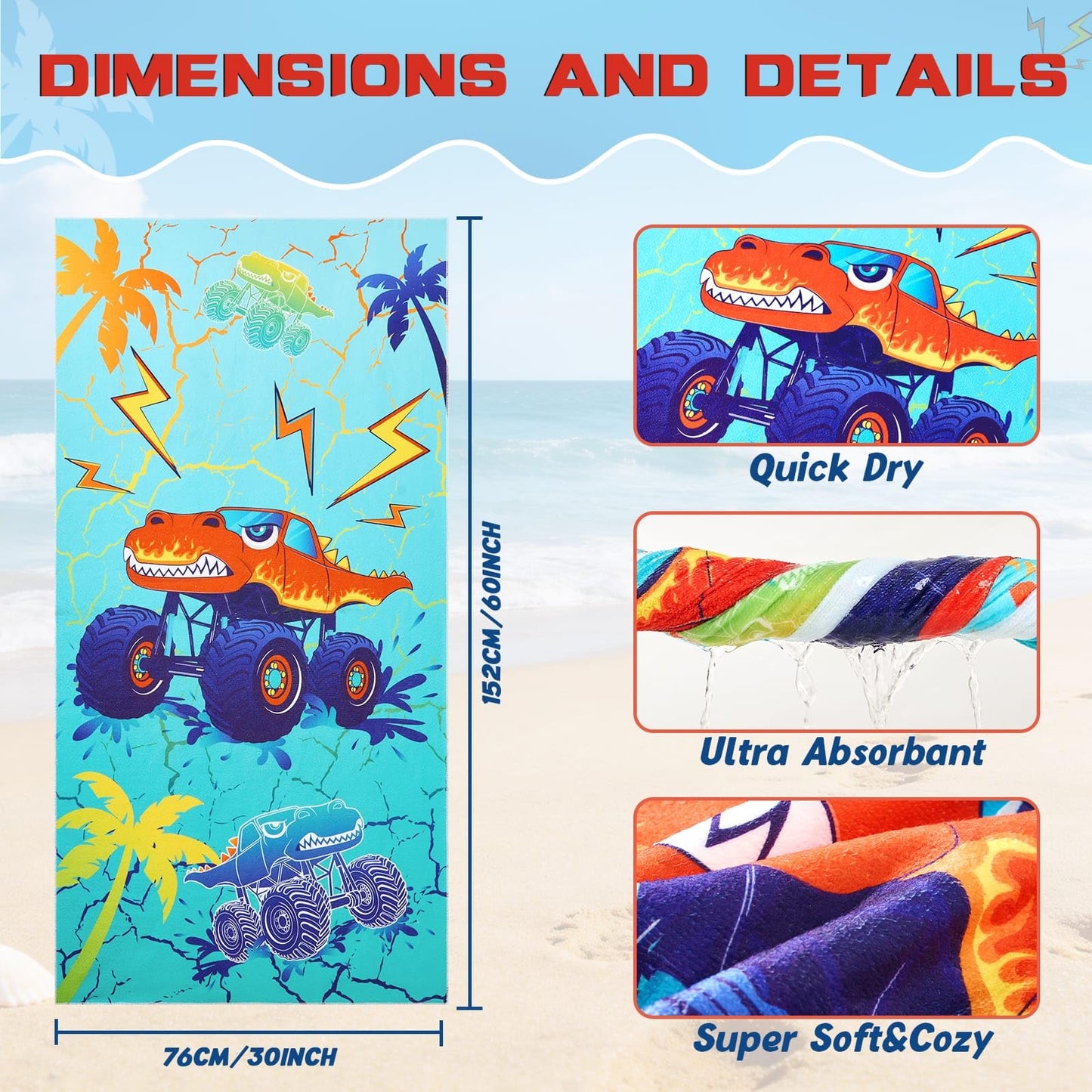 WERNNSAI Beach Towel for Kids, 30”x 60”Truck Quick Dry Sand Free Kids Beach Towel for Boys Personalized Beach Towel Pool Camping Travel Towel Soft Beach Blanket Bath Shower Towel