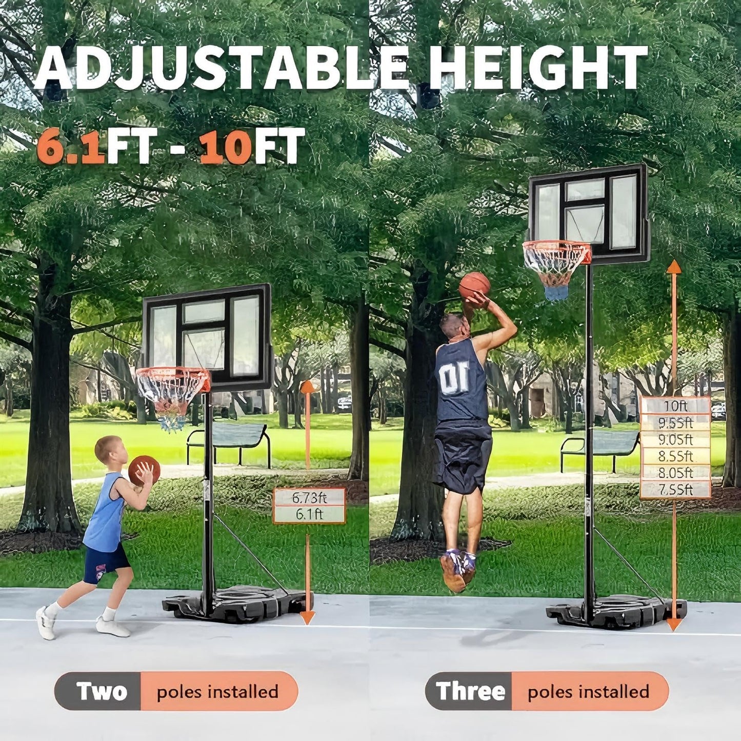 DUMOS 10FT Adjustable Height Portable Basketball Hoop Outdoor for Adult, 44 Inch Shatterproof Backboard w/Shock Absorbent Rim, Fillable Base, 2 Wheels for Swimming Pool/Indoor, Metal, Classic Black