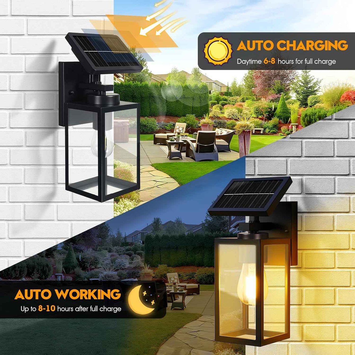 Solar Wall Lights Outdoor 2-Pack - All-Metal Dusk to Dawn Waterproof Lanterns for Porch, Garage, and Patio