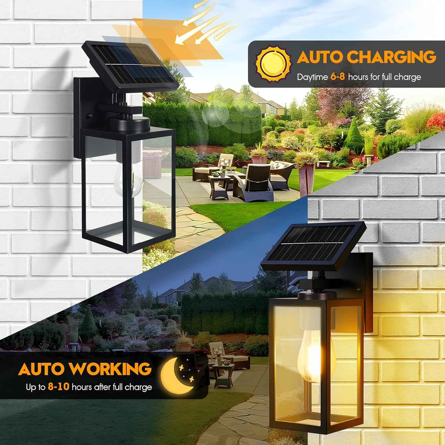 Solar Wall Lights Outdoor 2-Pack - All-Metal Dusk to Dawn Waterproof Lanterns for Porch, Garage, and Patio
