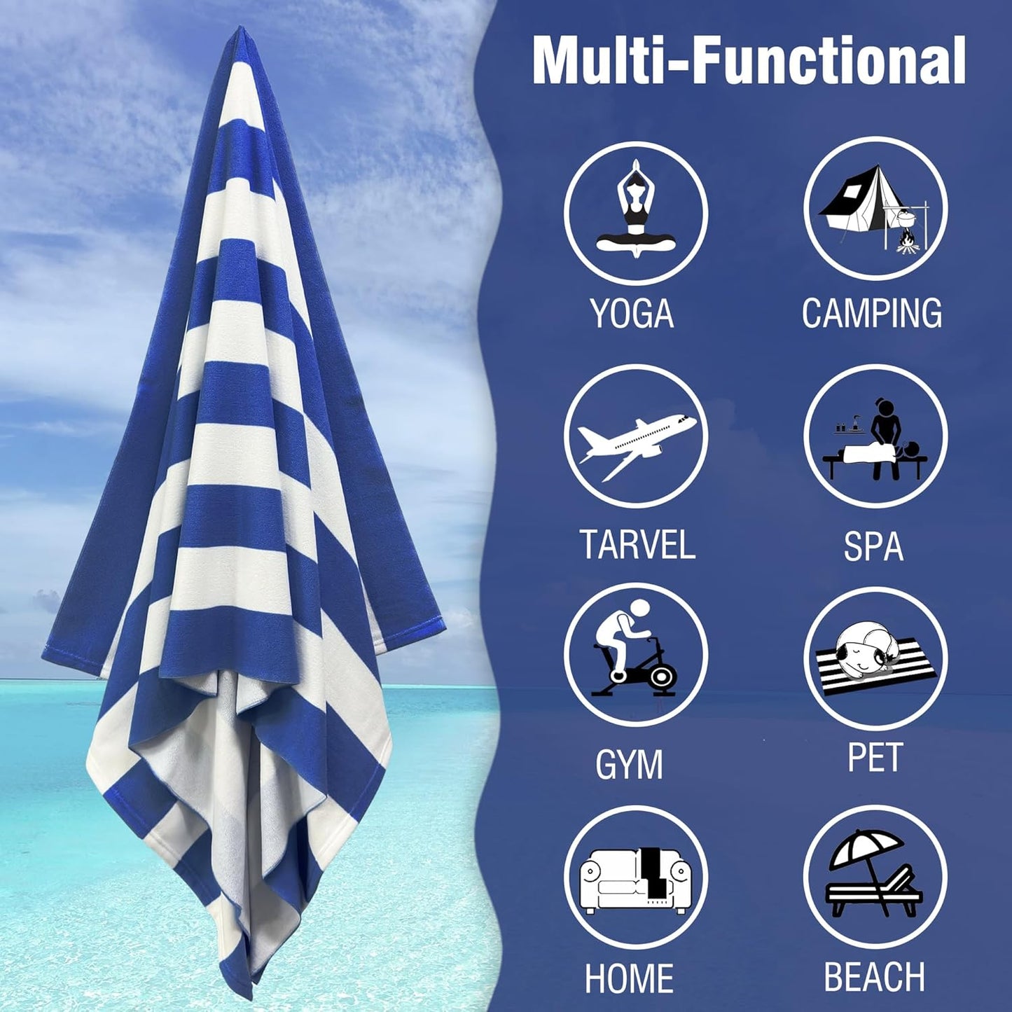 Skiennix Large Oversized Beach Towel - 35 x 70 Inch Quick-Dry Microfiber Navy Striped Pool Towel