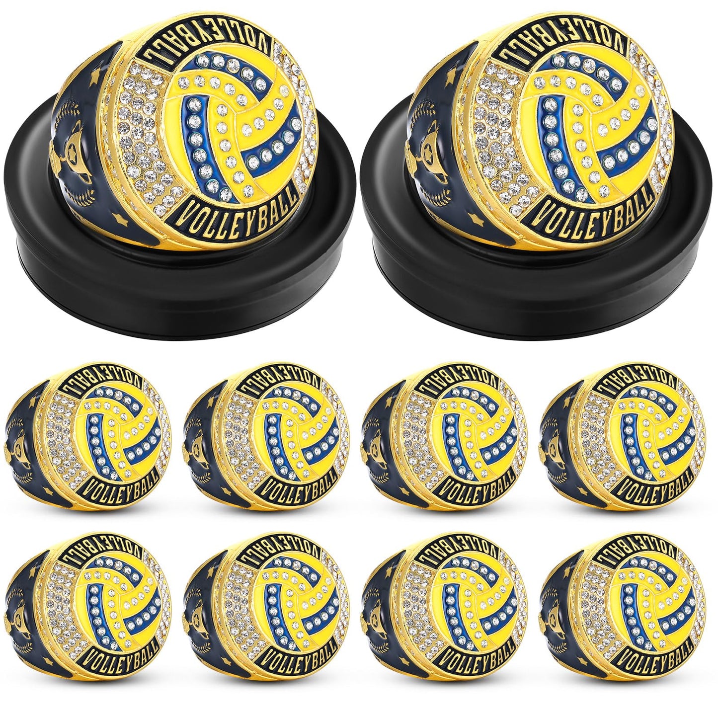 Highergo 10 Pcs Basketball Softball Baseball MVP Dancer Champion Trophy Ring with Display Stand Star Football Soccer Volleyball Golf Cheerleading Bowling Track Field(Gold,Volleyball)