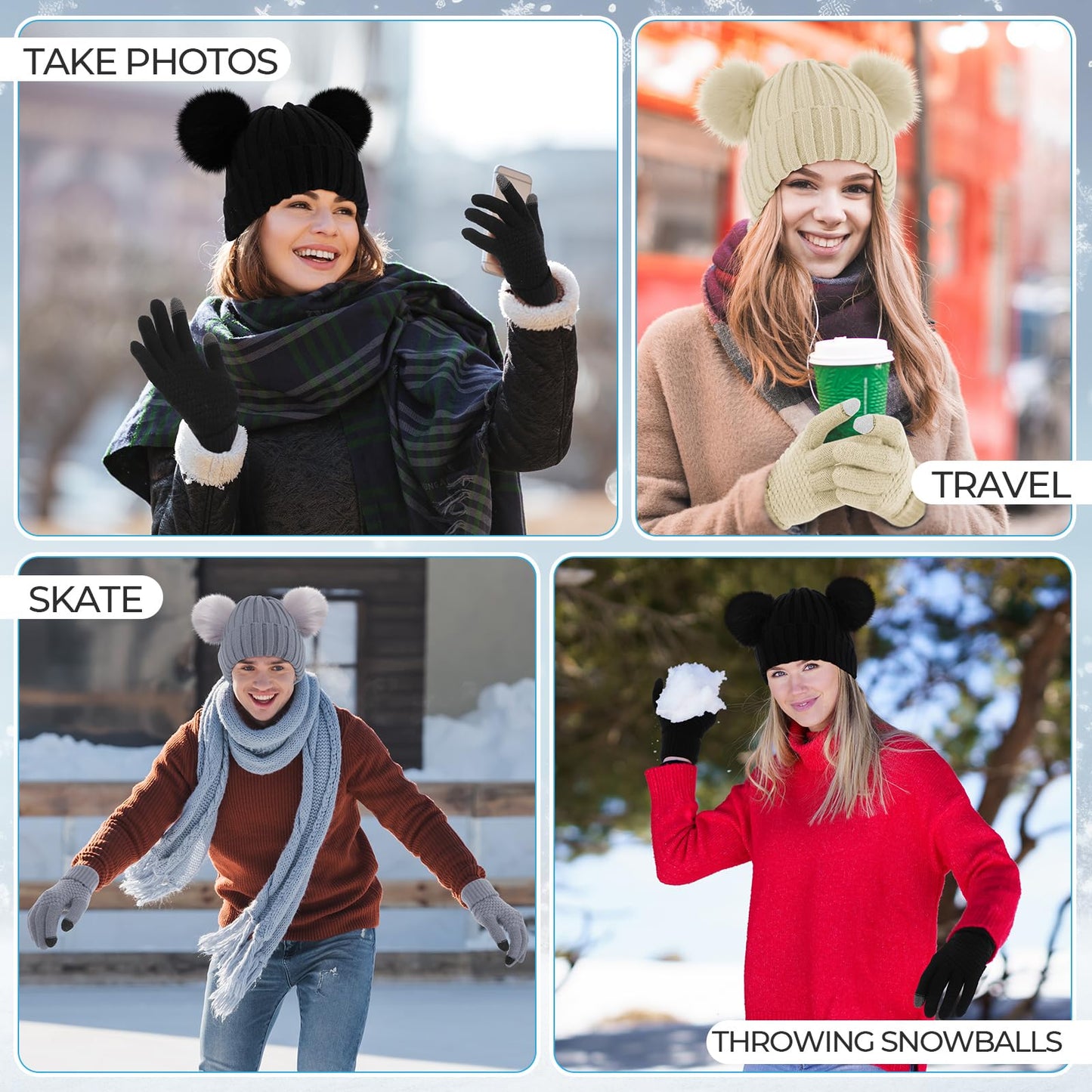 Hicarer 3 Sets Women Winter Warm Set Satin Lined Beanie Hat with Two Pom Poms Touchscreen Gloves for Cold Weather (Black, Gray, Oatmeal)