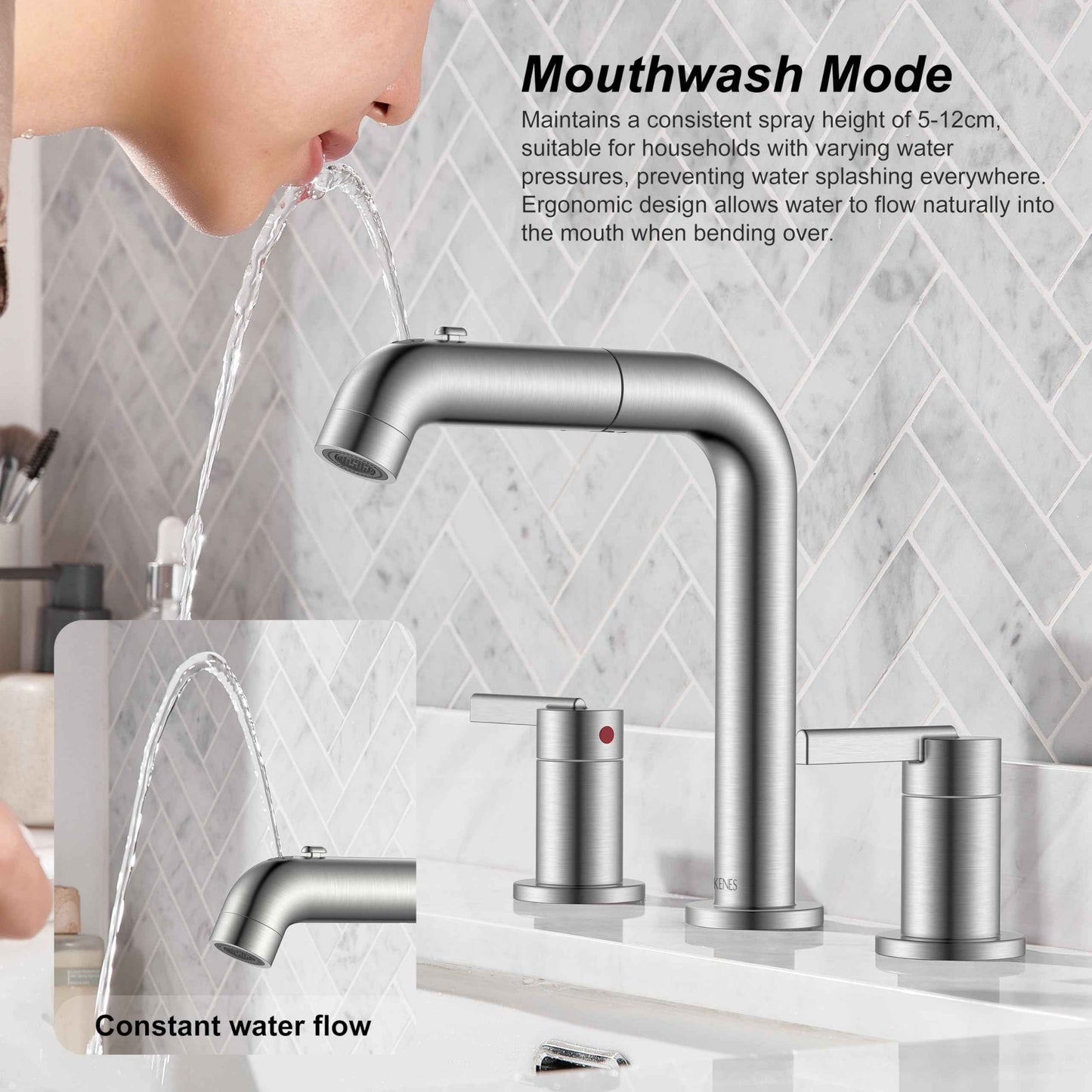 KENES Widespread Bathroom Faucet with Sprayer, Brushed Nickel Bathroom Sink Faucet with Pull Down Sprayer, 8 Inch 3 Hole Pull Out Bathroom Faucet with Pop Up Drain & Supply Lines LJ-9058A