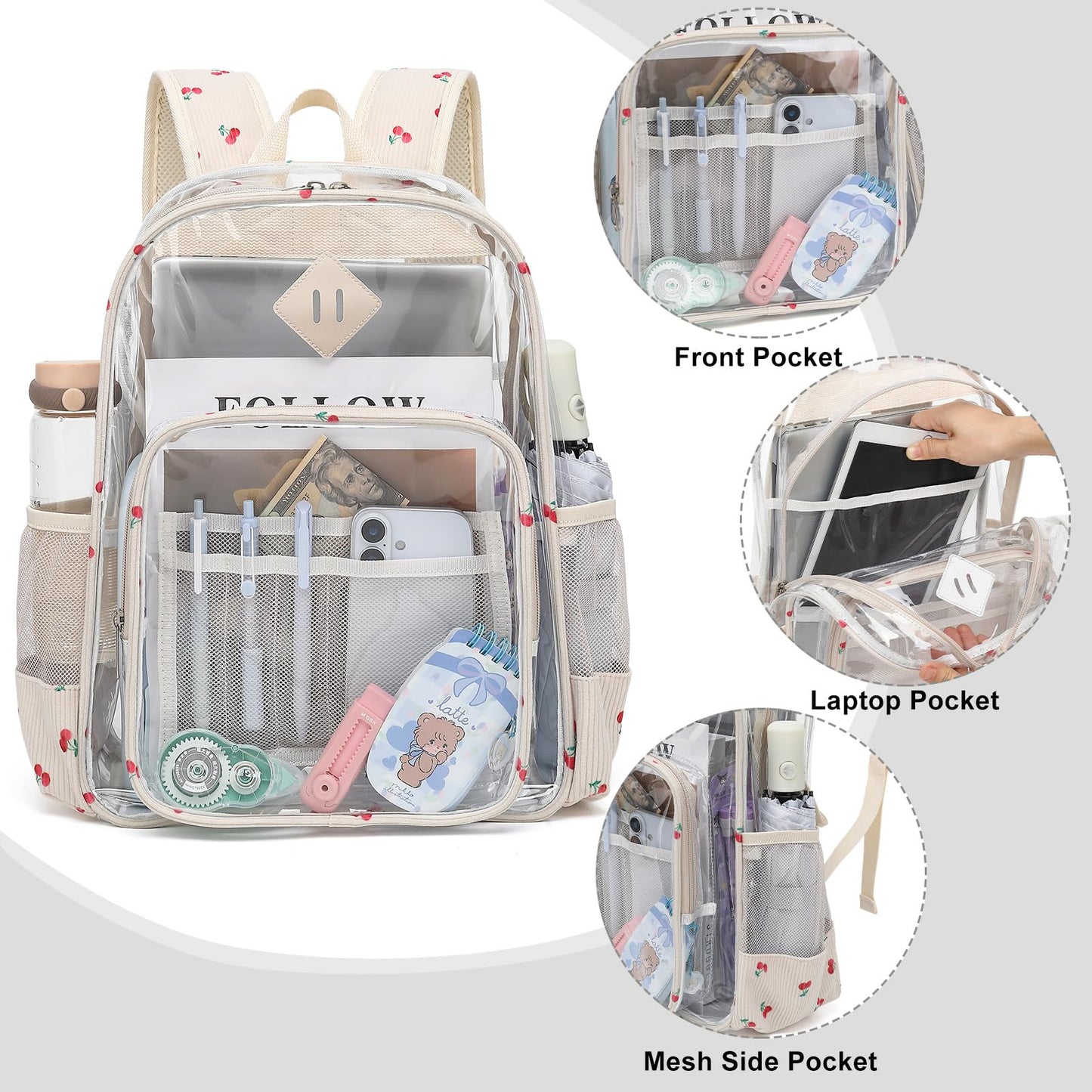 Xunteny Clear Backpack for Girls Women School Bookbag Heavy Duty Transparent Backpacks (Corduroy Cherry)