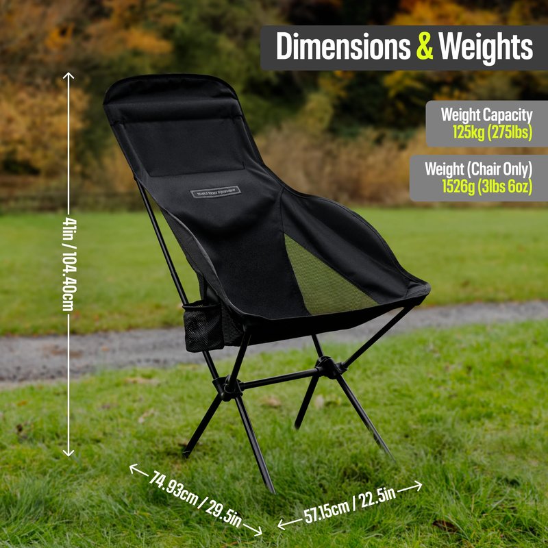Temple Street Equipment TSE HC100 Camping Chair, 3.36lbs Lightweight Folding Chair with Cup Holder, Portable and Easy to Carry for Camping, Beach, Hiking, Urbain, Festival or Garden (Black)
